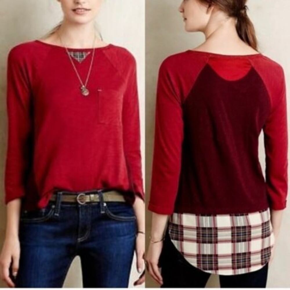 Little Yellow Button mixed media Red Plaid Back Backstory Tee Top Shirt M slub